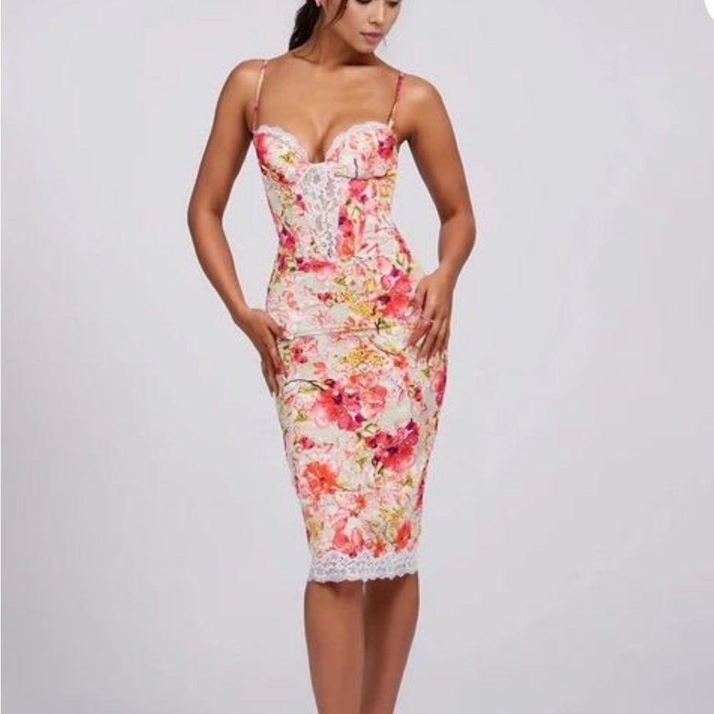 Miss Circle Florianne Floral Print Corset Satin Midi Dress XS